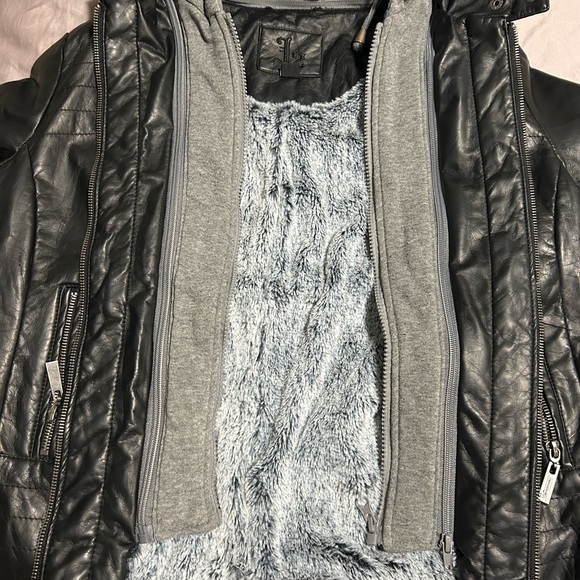 Black Faux Leather Jacket with Grey Hood - Picture 2 of 4